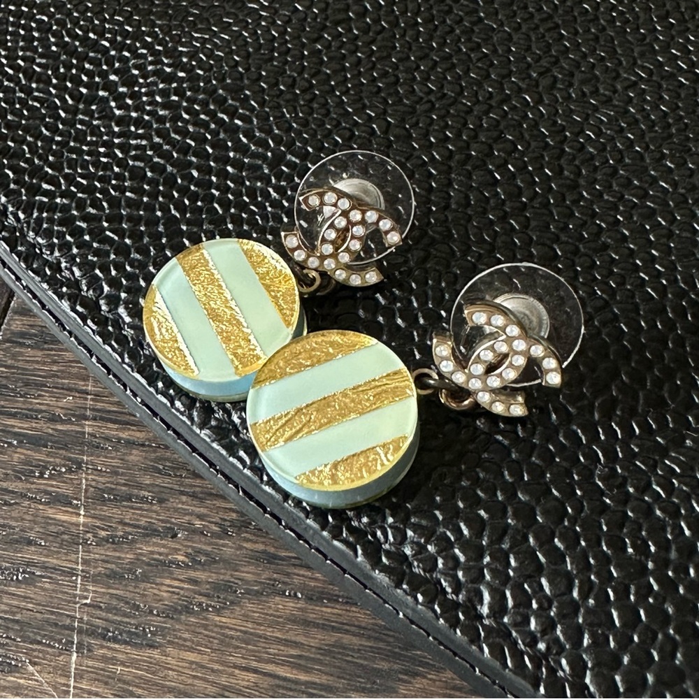 Chanel Limited Edition CC Crystals Resin Blue Gold Round Dangle Earrings